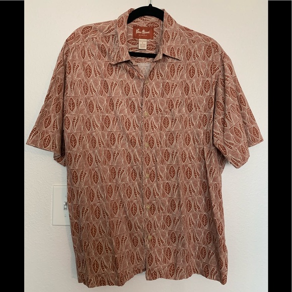 Mens | Pau Hana Hawaii Short Sleeve Button Down Orange Brown Leaf Print Shirt - Picture 2 of 8